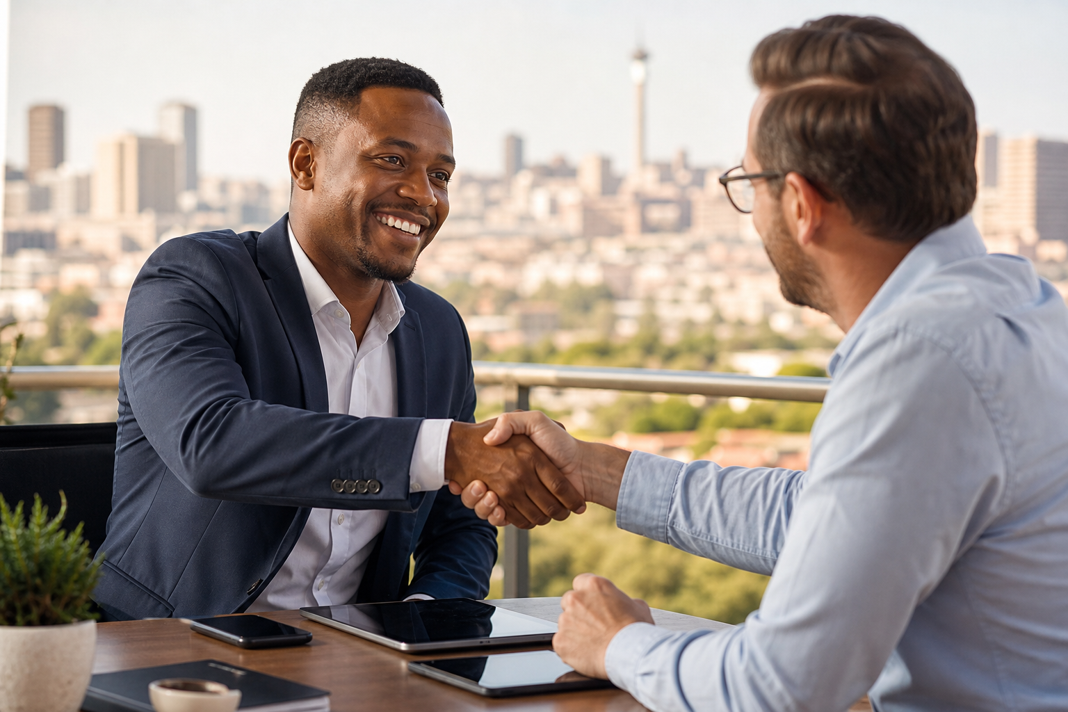 South African entrepreneur shaking hands with a mobile app consultant over devices on a meeting table